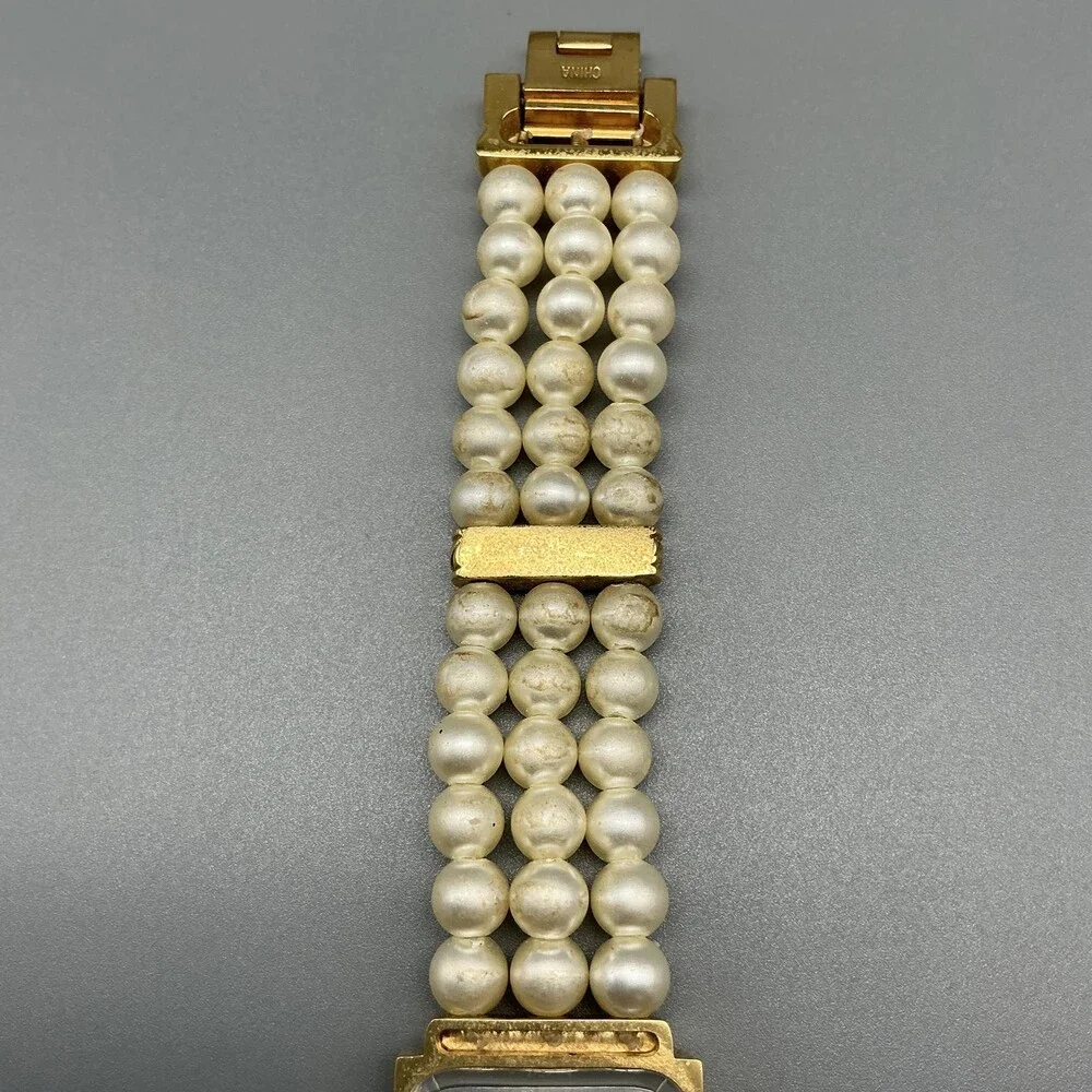 Gruen Womens Watch 22mm Square MOP Faux Pearl Band Gold Tone New Battey 7.25
